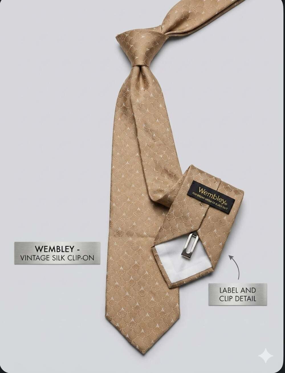 Wembley Vintage Silk Clip-On Tie Tan Geometric Pattern